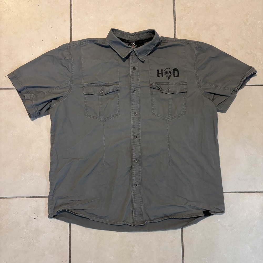 Harley Davidson Mens 2XL Gray Ripstop Short Sleeve Embroidered Skull Work Shirt